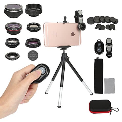 Cell Phone Camera Lens Kit,7 In 1 Clip On Iphone Lens Fisheye + Macro + Telephoto + 2 Wide Angle + CPL + Kaleidoscope Lens,Phone Mount + Tripod for Iphone X/8/7/6/6s plus Samsung &amp; Most Android Phones