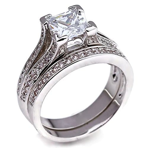 .75 CT Princess Cut Pave Cathedral Setting White Gold Plated Bridal Wedding Engagement Ring Set Size 6