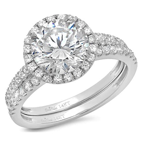 2.82 CT Round Cut CZ Pave Double Halo Solitaire Designer Classic Ring Band Set Solid 14k White Gold