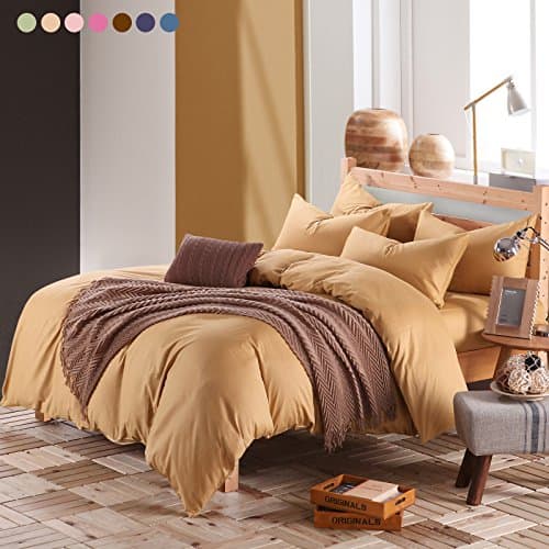 Pure Cotton Duvet Cover Set With Additional Flat Sheet Queen Size 4-Piece Zipper Closure Bedding Set Heavyduty Winter Comfy Bedclothes Solid Color (Camel)