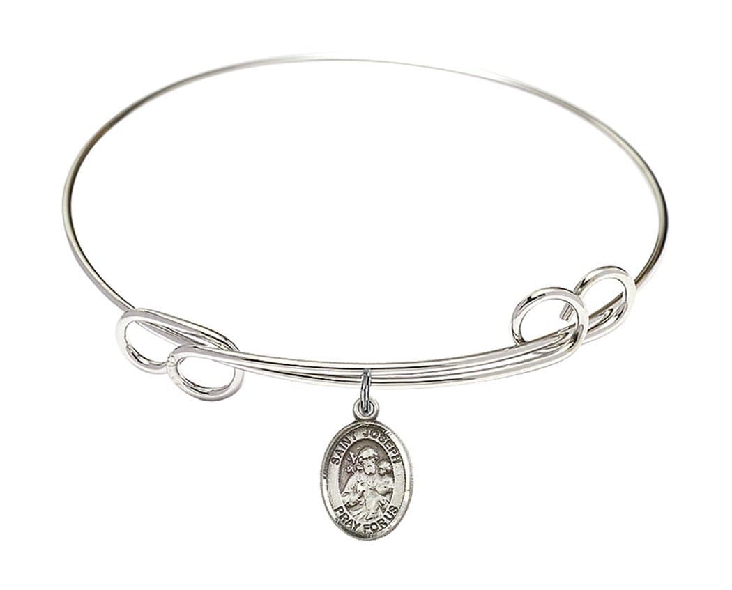 Rhodium Plate Double Loop Bangle Bracelet with Catholic Patron Saint Petite Charm, 8 1/2 Inch