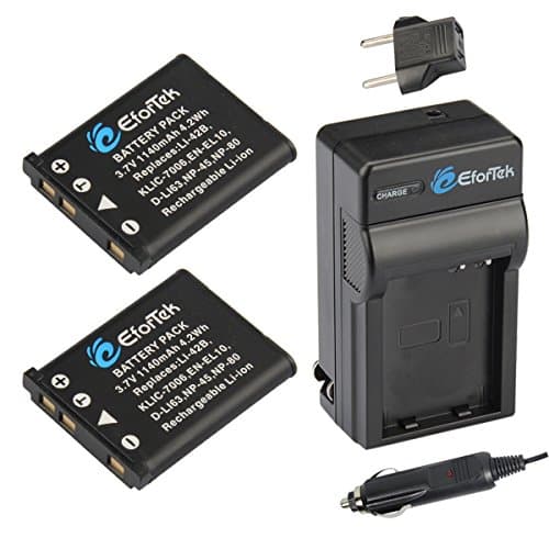 EforTek Replacement Battery (2-Pack) and Charger Kit for Olympus Li-40B, Li-42B, Fuji NP45, Pentax D-Li63, Nikon EN-EL10 Casio NP-80, Kodak KLIC-7006