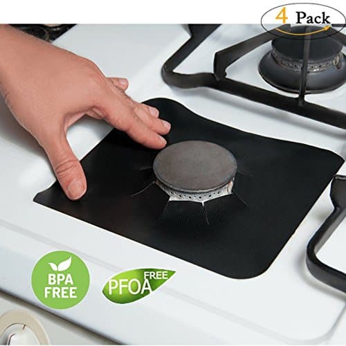Stove Burner Covers,Non-Stick Reusable Gas Range Protectors-Black Dishwasher Safe Stovetop Kitchen Accessories Custom Fit Gas Stove Burner Liners IMPROVED 2017-0.01" Thin 10.6” x 10.6"