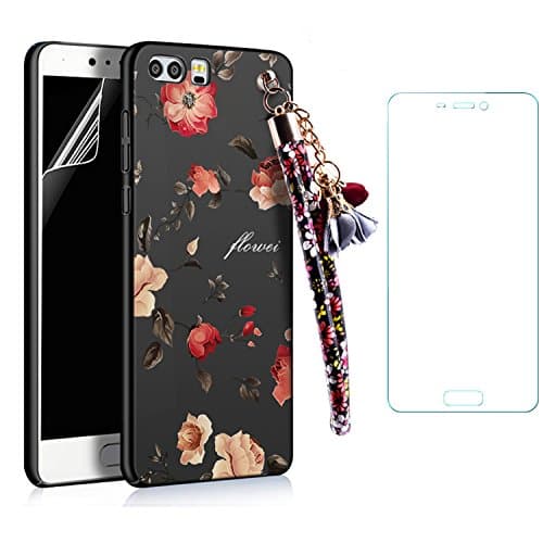 Beautiful Cover Case for Huawei P10 Plus 2017 5.5 inches,Sunroyal Luxury PC Bumper Full Body Case with Hand Strap/Key Ring/Pendant with Floral Pattern-Black Peony for Women+[Screen Protector]