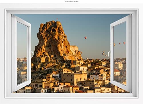 WallPix 48x34 Inch 3D Wall Sticker Decal Mural Window View of Hot Air Balloons Near Wawel Caste Complex - Peel and Stick - Made from Tear-Proof, Easy-to-Clean, Durable Bubble Free Material