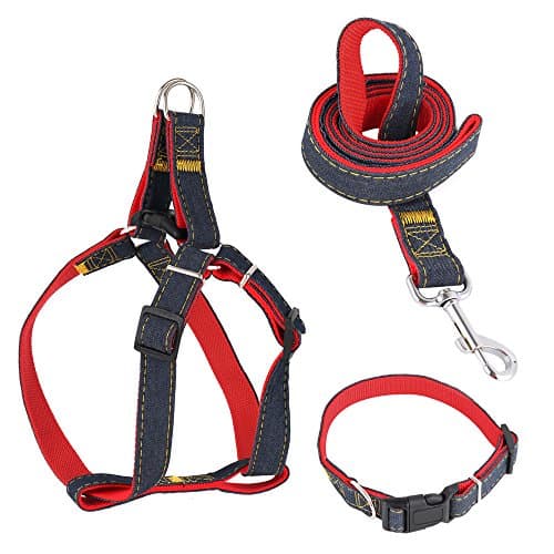 CANSHOW Dog Leash Harness Collar Set, Adjustable Durable Denim, Perfect for Large Dogs Daily Training Walking Running