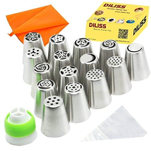 DILISS Russian Piping Tips 27-Pcs Set (15 Russian Tips 10 Disposable Pastry Bags 1 Tri-Color Coupler & 1 Reusable Silicone Pastry Bag)