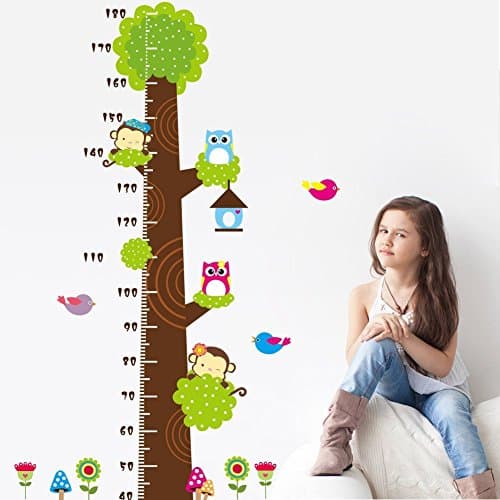 Woneart Owl and Monkey Tree Height Chart Wall Sticker Kid's Growth Chart Wall Decal Mural Art Measure Wall Decor for Home Living Room Bedroom Nursery Decoration