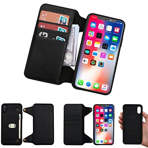 2 in 1 Detachable iPhone X Wallet Case Ultra Slim with Magnet Flap Cover Card Slots Holder Case Men and Women Vegan Leather iPhone X Purse Case with Gift Box (Black)