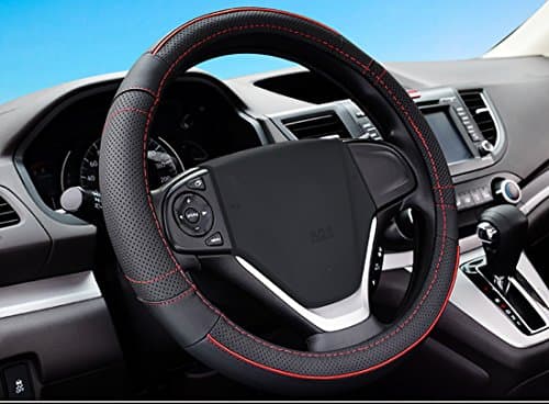 Steering Wheel Covers Universal 15 inch, Gomass Car Interior Accessories, Microfiber Leather, Anti-slip Matte Finish, Odor Free (Black with Red Lines)