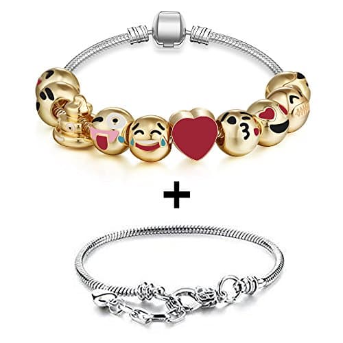 Emoji Charms Bracelet 18K Gold Plated Include 10 Pieces of Interchangeable Emoji Beads Enamel