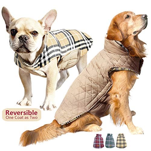Kuoser Dog Winter Coat With Leash Hook，Reversible Warm Soft Pet Fleece Vest Jacket,Waterproof Windproof Cozy Cold Weather Clothes for Small Medium Large Dog,Plaid Christmas Suit Outwear XS-3XL