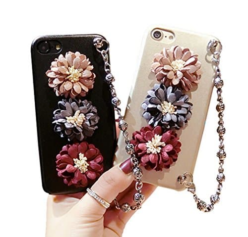 Punassi Handmade Elegant Bling 3D Clothes Flower Design Slim Fit Hard Case with Metal Hand Rope Chain (Iphone 7, Khaki)
