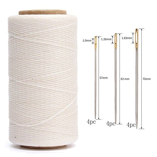 AntKits 284 Yards 150D 0.8mm Flat Leather Waxed Thread Cord and 12 pcs Stitching Needles with Big Pinhole for Leather Factory or Leathercraft DIY, White