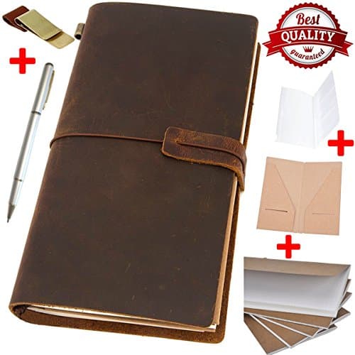 Travelers Journal Leather Refillable AMAZING BUNDLE (10pcs in Bundle) by LawestCo Pocket Journal: Genuine Leather Cover+Special 5 Papers (Square Grid/ Graph,...)+Pen+Penholder &amp;Clip+Zipper+Card Pocket