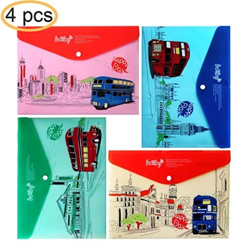 JX Hornet Premium Happy Bus Printed Letter/A4 Booklet Document File Envelope Folder Holder Organizer Bag ,With Snap Button,Soft Plastic Quality,Different Colors,Size 9"13" ,Pack of 4 Pcs