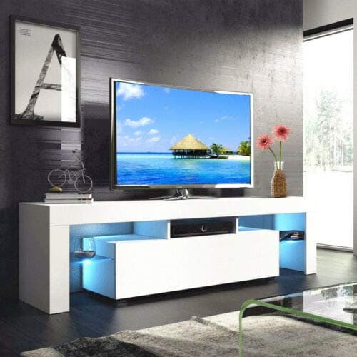High Gloss White 63'' TV Stand Unit Cabinet with LED Light 2 Drawers Console RC