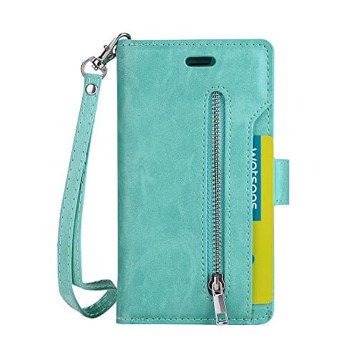 IPhone 8 7 zipper wallet case folio flip leather cover with 9 card holder cash coin pocket 360 full protective shell include magnetic snap closure and wrist strap for 4.7 inch iPhone 7 8 green