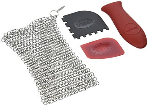 Cast Iron Cleaning Care Tools with Chainmail Scrubber 2 Lodge SCRAPERPK Pan Scrapers and Lodge Hot Handle Holder