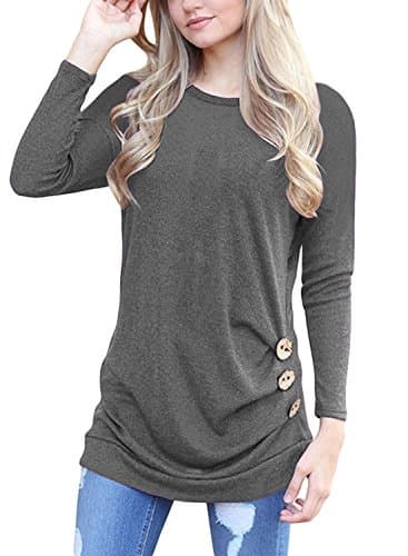 Flywm Women's Casual Long Sleeve Crew Neck Button Decor T Shirt Tunic Top Loose Blouse (S, Dark Gray)