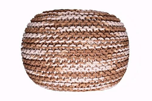 Pouf Ottoman Beige &amp; Brown Hand Knitted Round Cable Style Cotton Dori Braided Rope Comfortable Seat Footstool 16''x 20" By MystiqueDecors