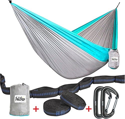 Hammock - Camping Double Hammock- Portable Parachute Nylon Hammock With Tree Straps &amp; Alloy Carabiners For Backpacking Garden, Backyard,Hiking &amp;Traveling(BLUE/GREY, DOUBLE)