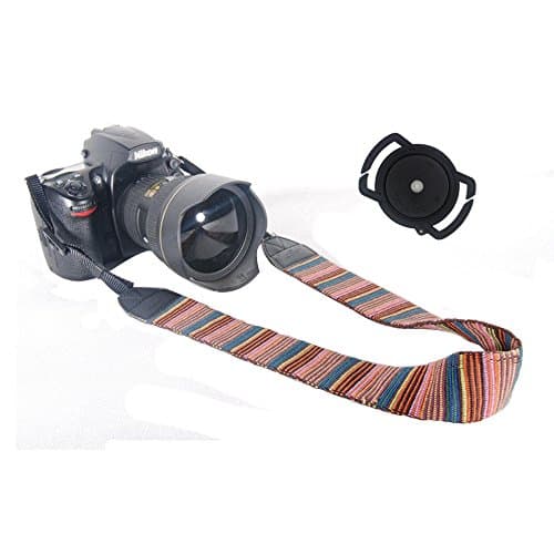 BaiBest Camera Soft Shoulder Neck Strap and Camera Buckle Lens Cap Holder for 67, 58 and 52mm Lens Cap Sizes (Retro stripe01)