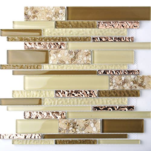 Interlocking Glass Tile Rose Golden Beige Tan Interior Wall Beach Sand Inner Conch Style Kitchen Backsplash TSTNB08 (11 PCS [12'' X 12''/each])