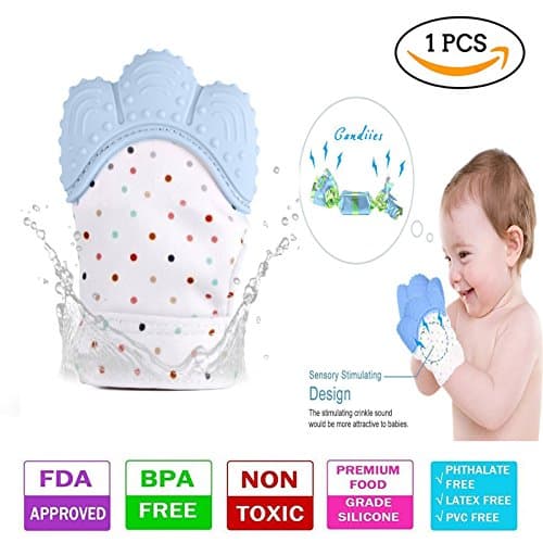 Teething Mitten, Sinhanker Self Soothing Silicone Teether Glove for 3M-18M Babies,Sensory Crinkle Chew Toy Mitt with Velcro Straps for Infants and Toddlers(Blue)
