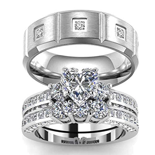 wedding ring set Two Rings His Hers Couples Rings Women's 10k White Gold Filled Heart CZ Wedding Engagement Ring Bridal Sets Men's Titanium Wedding Band