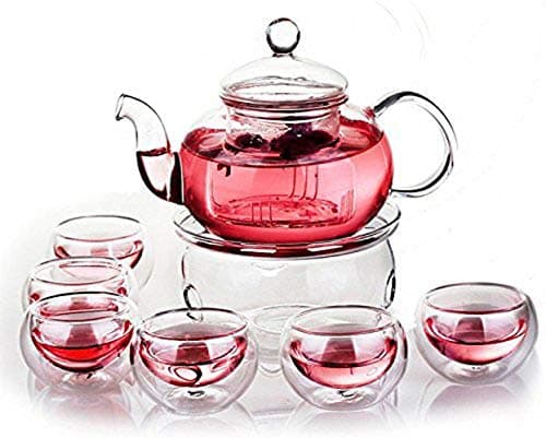 StarForest New Version 28 OZ Glass Filtering Tea Maker Teapot with a Warmer and 6 Tea Cups Set
