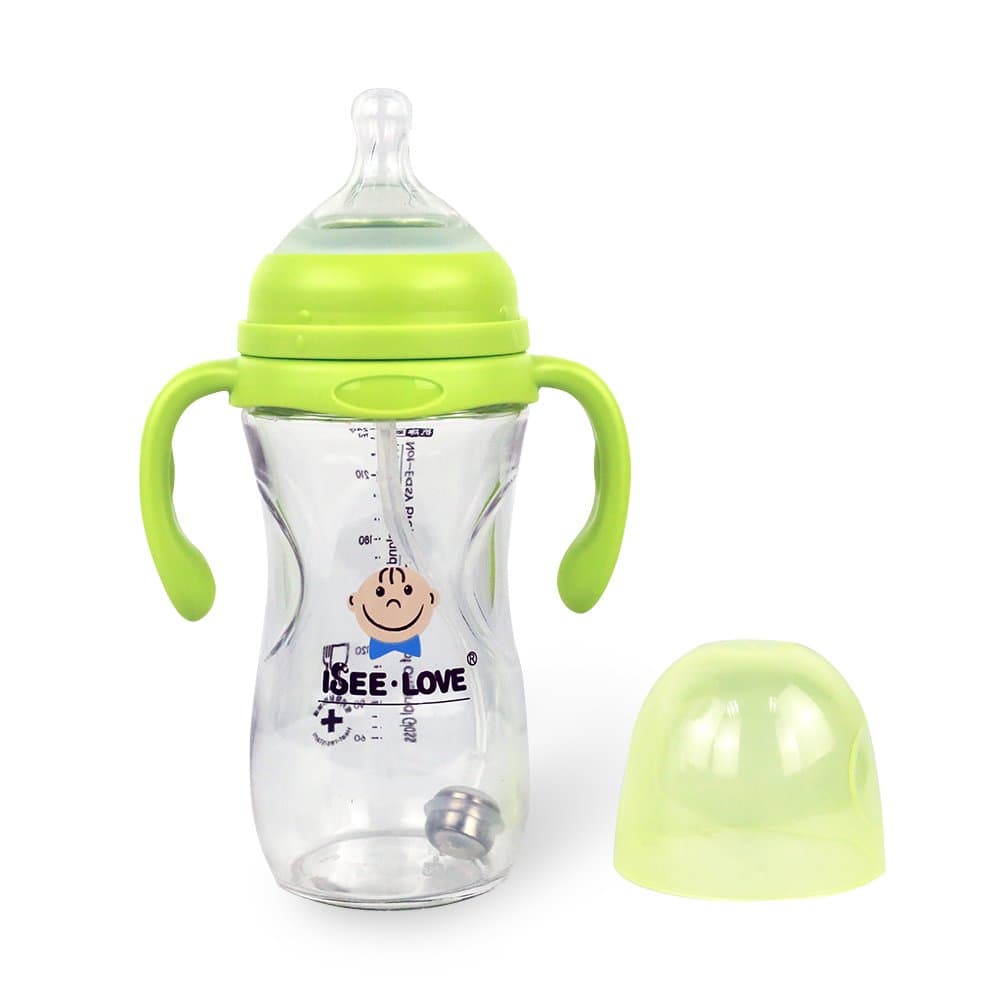 Glass Baby Bottle, 8 Ounce with Sippy Straw, Bottle Handle, Anti-Colic Nipple, Natural Feeding for 6 Months Plus