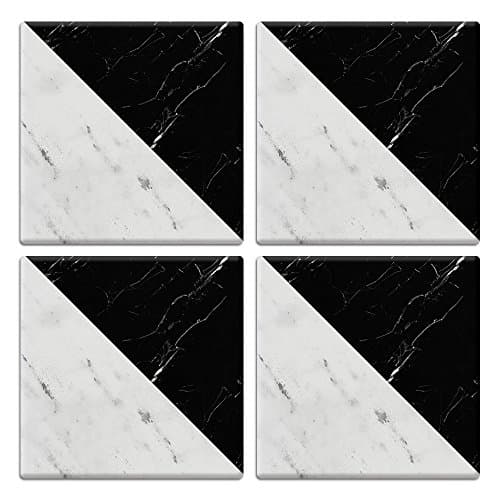 CARIBOU Absorbent SQUARE Ceramic Stone Coasters 4pcs Set, Mug Coffee Cup Place Mat Home Coasters for Hot &amp; Cold Drinks, Half Black White Marble