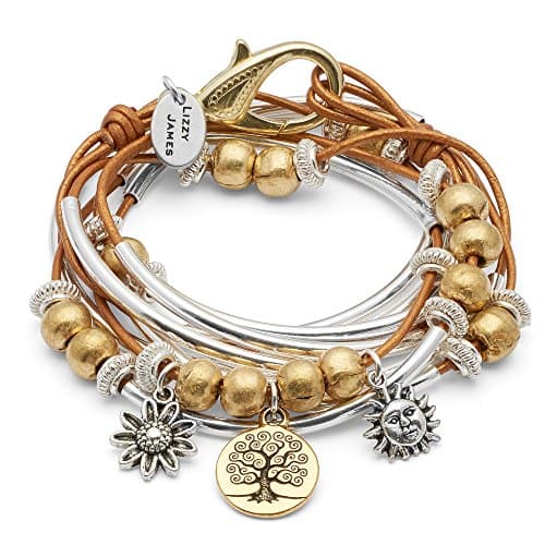 Boho with Gold Tree of Life Charm Trio Silverplate Small Bracelet Necklace with Metallic Golden Sun Leather Wrap by Lizzy James