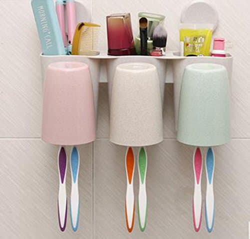 Leop Suction Cup Wall Mounted Straw Wheat Shower Storage Box 4 Pieces Bathroom Accessory Set Toothbrush Holder Box Automatic Toothpaste Squeezer Dispenser Tumbler,PP Plastic,White