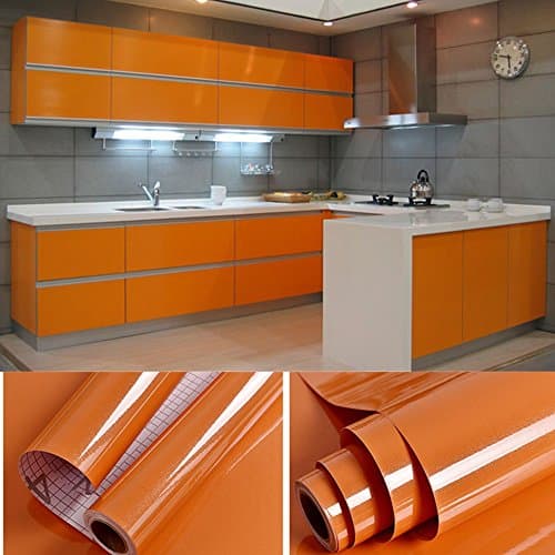 SOLDGOOD 5.5M x 0.61M PVC Back Sticky Self Adhesive Kitchen Wallpaper Rolls Stickers for Cupboard Furniture Wardrobe Door Cover Orange + Scraper