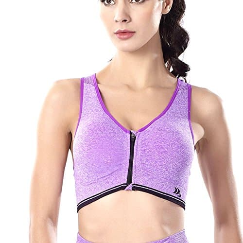 Women Full High Impact Push Up Zip Front Close Wide Strap Racerback Padded Sports Yoga Bra With Wireless (XXL 38C 38D 40A 40B 40C, Purple)