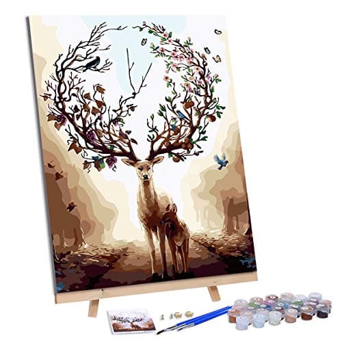 VIGEIYA DIY Paint by Numbers for Adults Include Framed Canvas and Wooden Easel with Brushes and Acrylic Pigment 15.7x19.6inch (Deer)