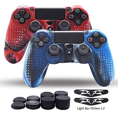 PS4 Controller Skin,Silicone Grips for PlayStation 4 PS4/Slim/Pro Controller Pack 2 Anti Slip Cover Case Protector for Dual Shock 4 Controller - Two Light Bar Sticker - 8pcs Pro Thumb Grips-Studs Camo