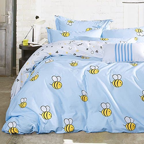 Tiggo King Size 4-pieces 100% Cotton Bee Patter Prints for Adult Kids Duvet Cover Set/Bed Linens/Bed Sheet Sets/Bedclothes/Bedding Sets/Bed Sets - without Comforter