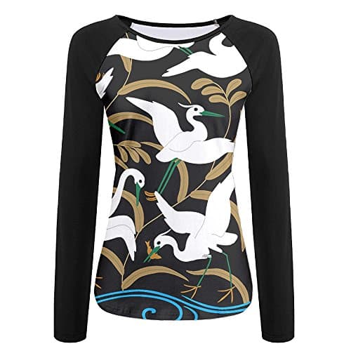 Womens Cute Pretty Crane Art Pattern Gym Stripe Tee Round Neck Sports Quick-drying Baseball Shirts