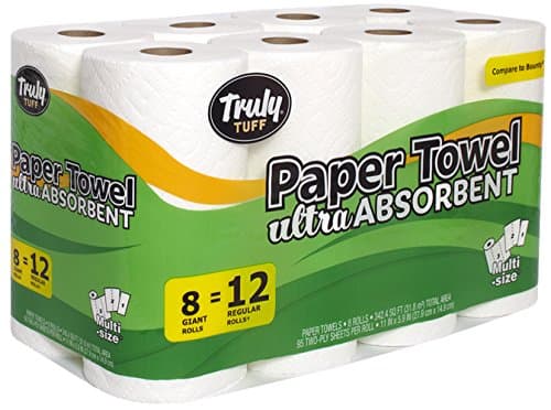 Truly Tuff Absorbent Paper Towels, Select your Size Sheets, 8 Giant Rolls = 12 Regular Rolls, White