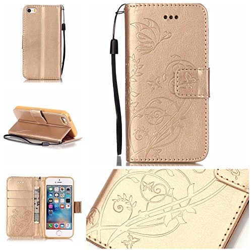 Luxury [Premium Flip] PU Leather Butterfly Wallet [Stand Feature] Protective [Wrist Strap] Folio Case Cover For Apple iPhone 5 5S-Gold