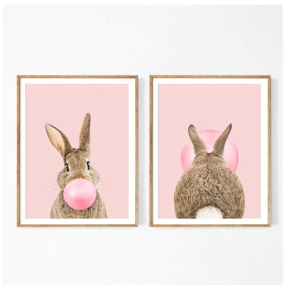 2 Pieces Bunny Rabbit Bubble Gum Art Poster Prints Blue Pink Nursery Wall Art Canvas Painting Wall Picture Baby Animals Nursery Decor 40X50Cm No Frame