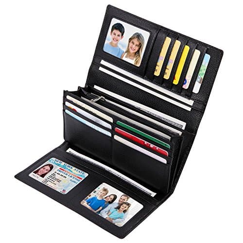 Women RFID Blocking Real Leather Trifold Wallet - Clutch Checkbook Wallet for Women - Shield Against Identity Theft (Long black)