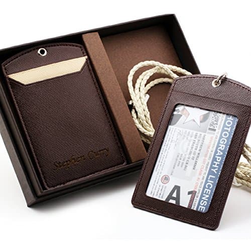 Free Engraving - ID Badge Holder with 1 ID Window &amp; 2 Card Slots , Leather Wallet ID Card Case Holder (Brown)