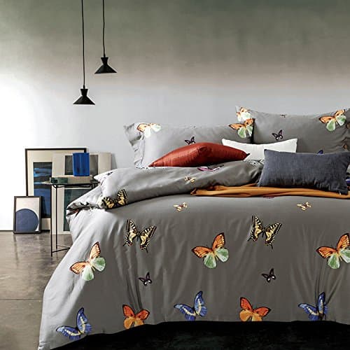 Aivedo Cotton Butterfly Printing Pattern Duvet Cover Set, 3 Piece Bedding Set, King Size, Gray