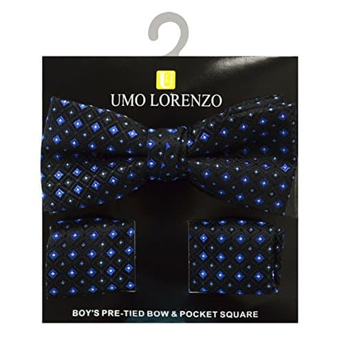 Boy's Geometric Polyester Woven Pre-Tied Banded Bow Tie &amp; Pocket Square Set (Black &amp; Blue)