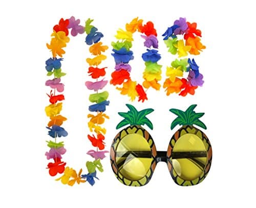 Wicked Fun Pineapple Sunglasses & 4pc Hawaiian Multi-Colored Lei Flower Garland Fancy Dress Set For Hawaiian Theme Party
