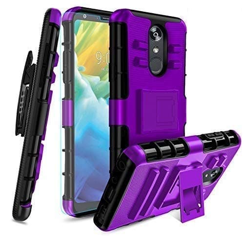 LG Stylo 4 Case, Stylo 4 Plus Case W[Tempered Glass Screen Protector] Built-in Kickstand Shockproof PC Back &Soft TPU Inner Armor Swivel Belt Clip Holster Heavy Duty Protective Case,PC-Purple
